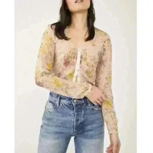 Free People Angelina Lace Top in Light Pink Yellow Floral Combo